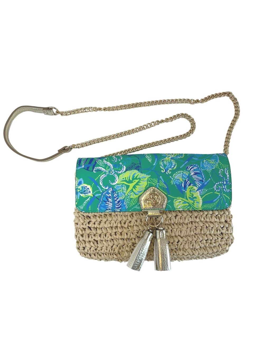 Lilly Pulitzer | Woven Straw Floral Leather Crossbody Bag | Gold Tassels